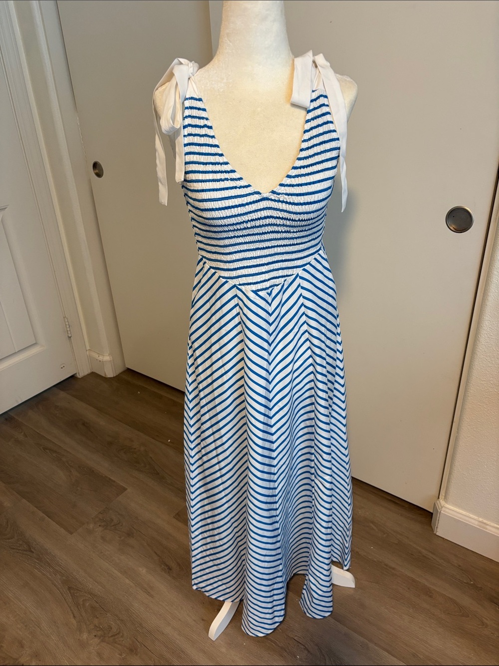 Summer Blue and White Striped Tie-Shoulder Maxi Dress